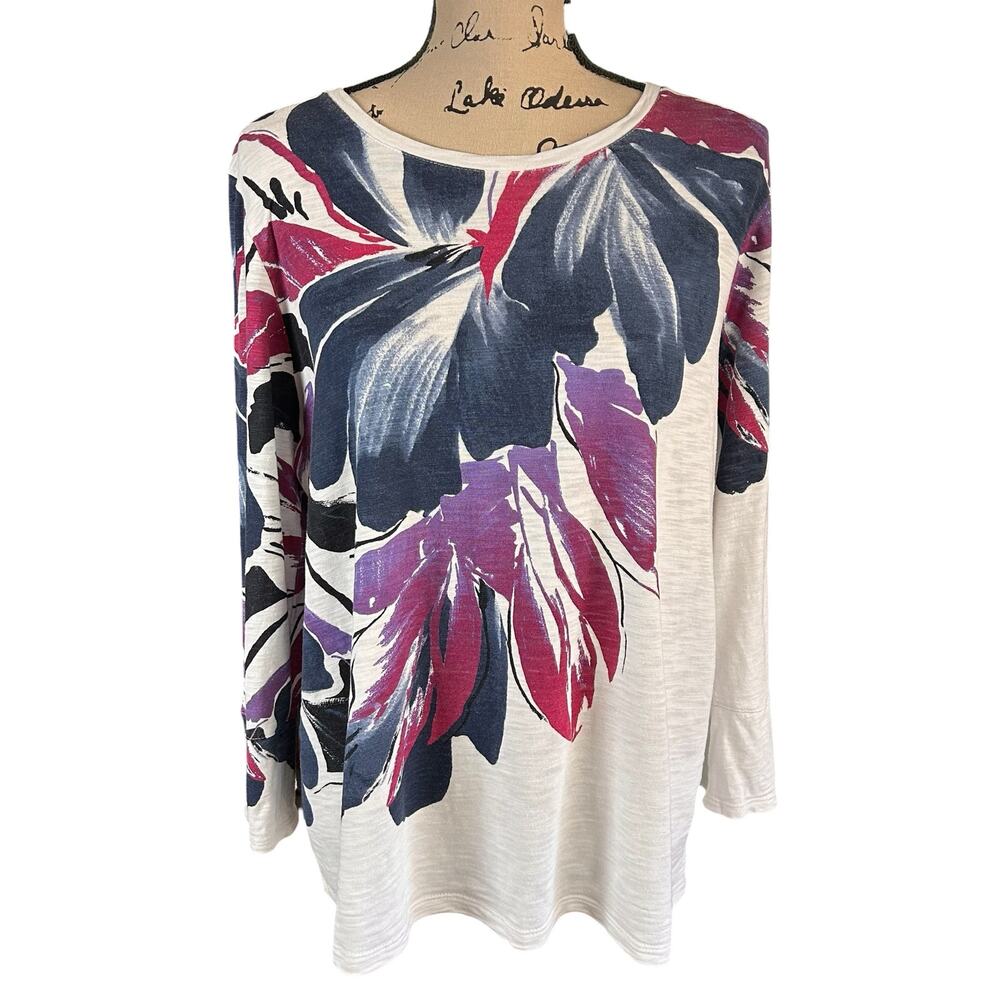 Chico’s Women Top Sz 2 Large White Multi Floral Boho Artsy Watercolor 3/4 Sleeve
